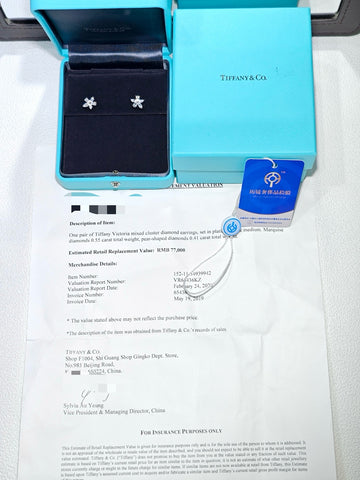 Tiffany Victoria diamond earrings with Tiffany box, valuation document, and third-party authentication card
