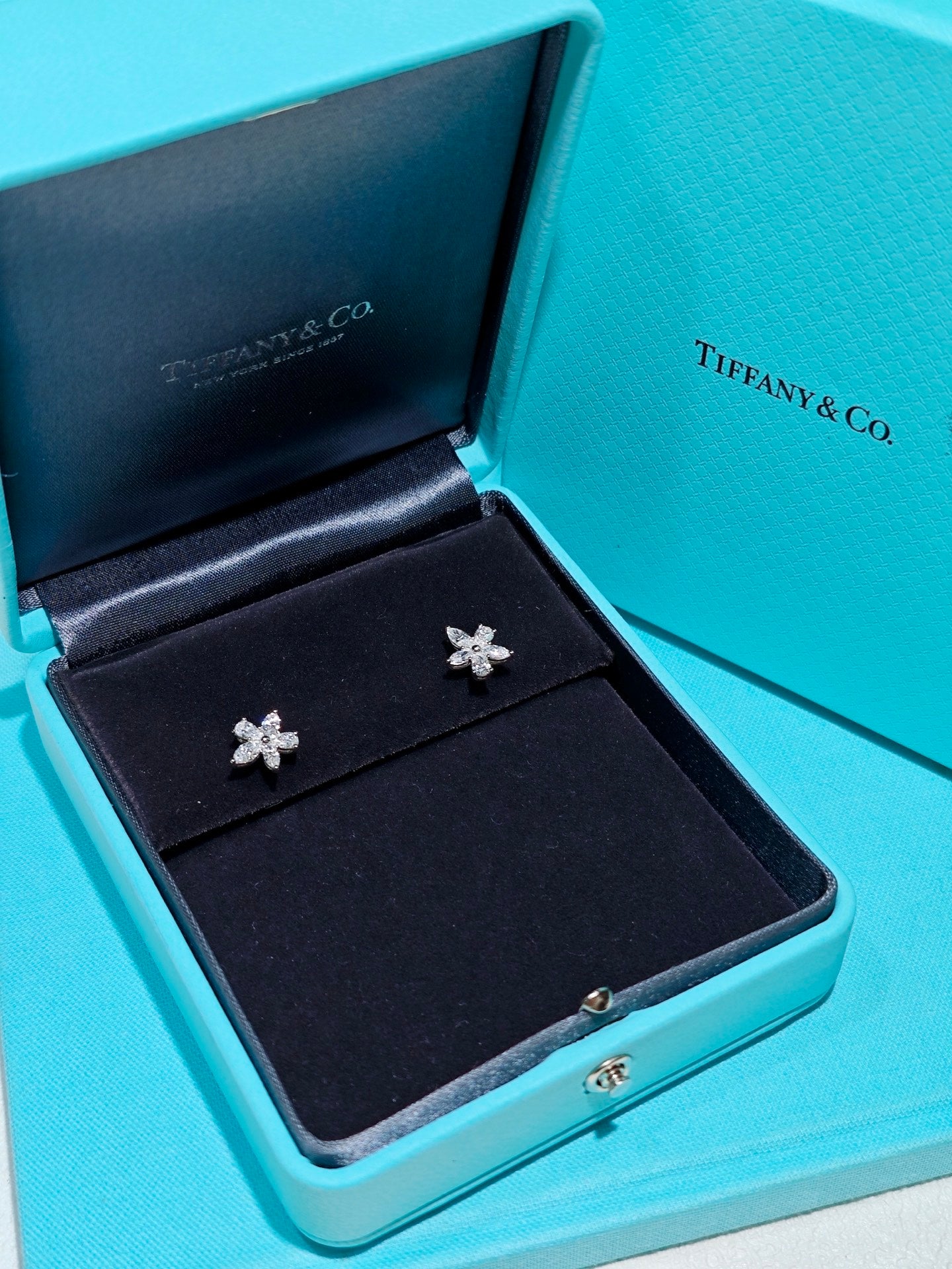 Tiffany Victoria Mixed Cluster diamond earrings displayed inside a Tiffany & Co. box