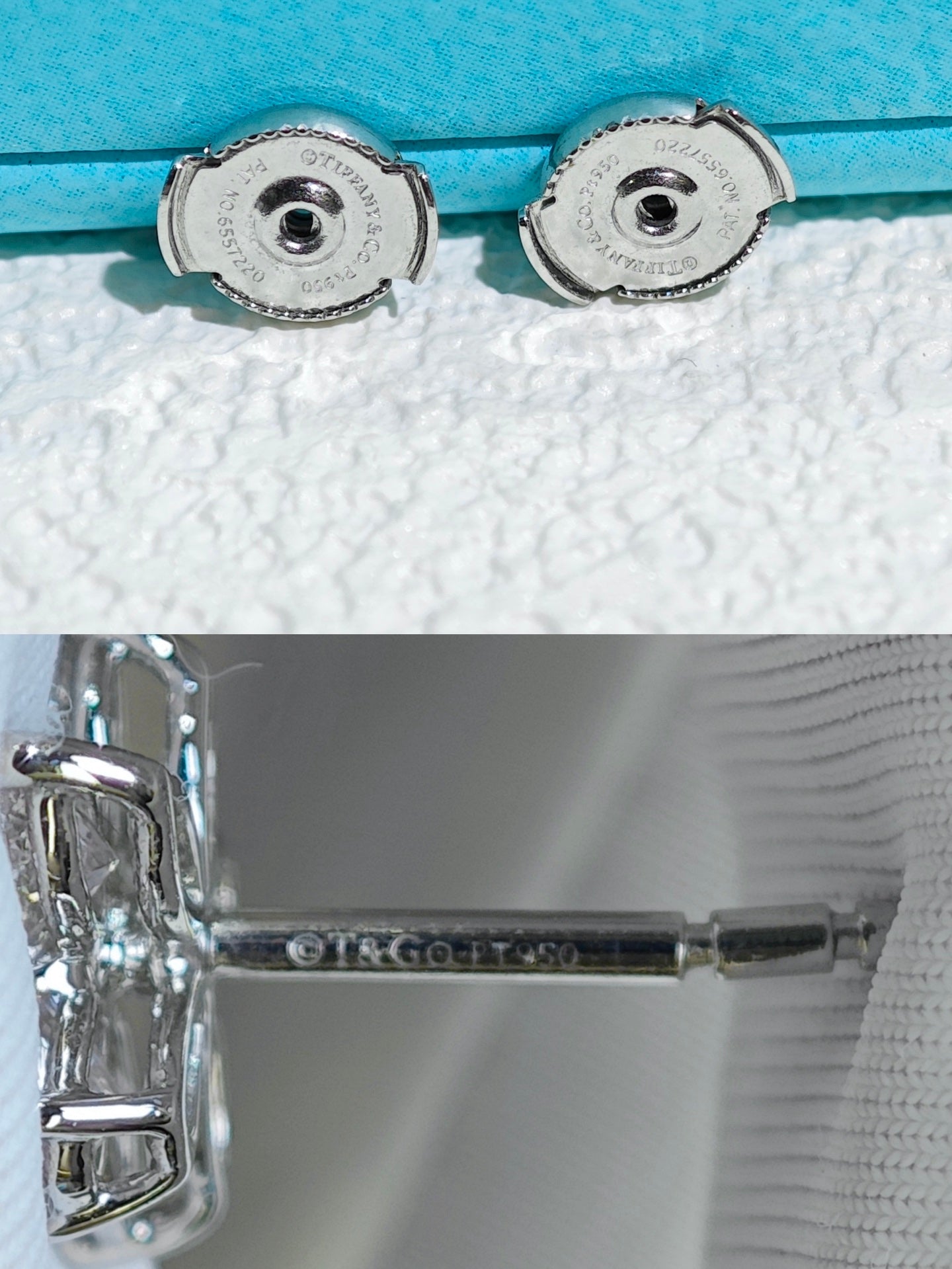 Rear view of Tiffany Victoria diamond earring backs and platinum hallmarks