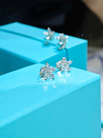 Tiffany Victoria Mixed Cluster diamond earrings displayed on Tiffany Blue boxes