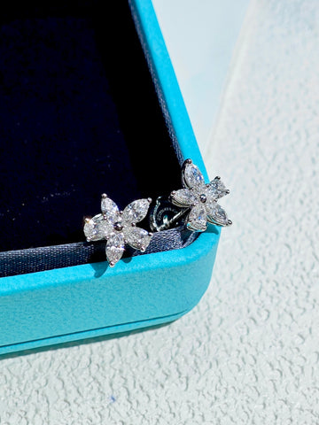 Close-up of Tiffany Victoria Mixed Cluster diamond earrings on a Tiffany Blue box