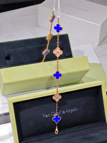 Van Cleef & Arpels Vintage Alhambra 5-Motif Lapis Lazuli & Diamond Bracelet in 18K Yellow Gold