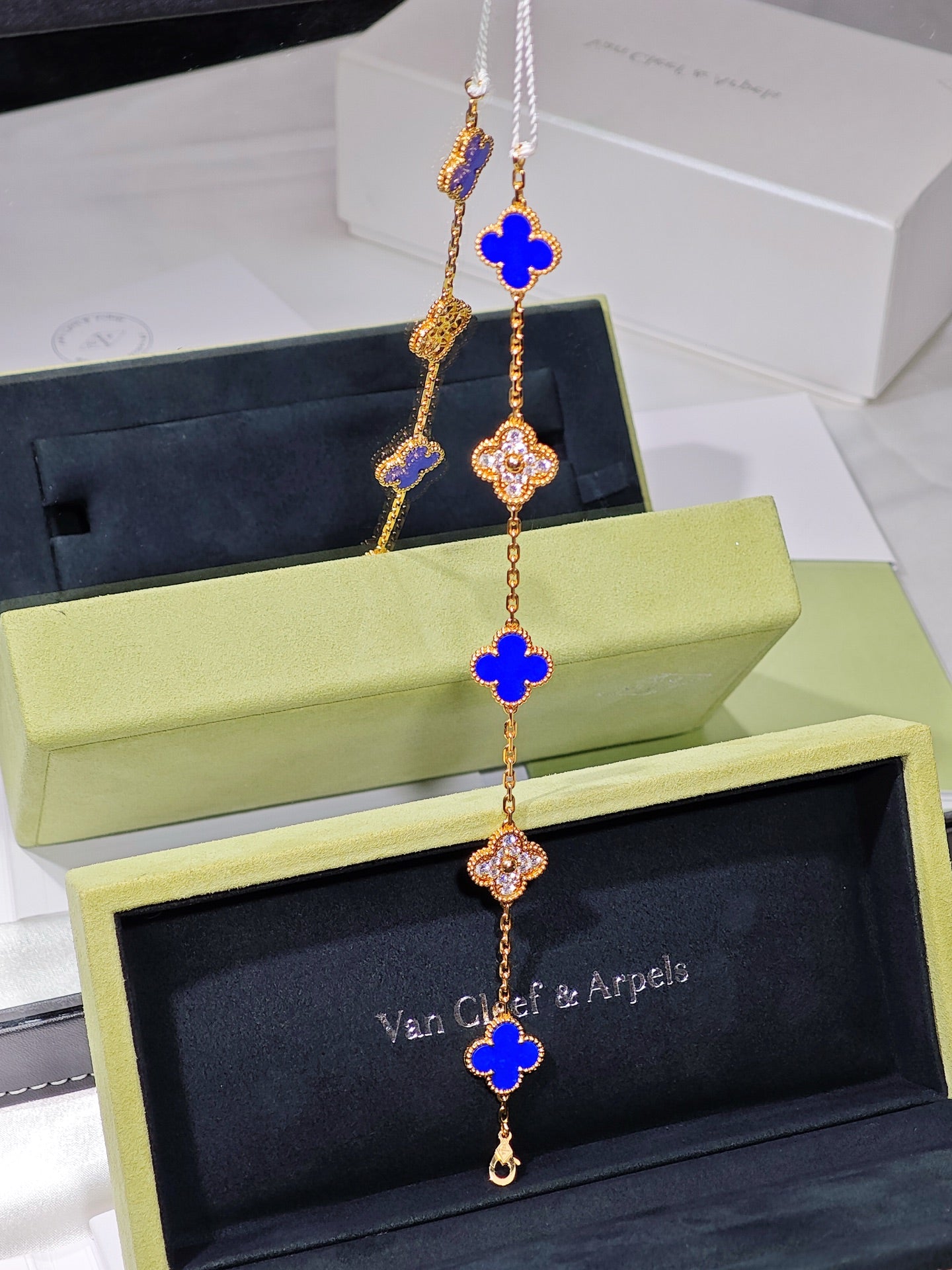 Van Cleef & Arpels Vintage Alhambra 5-Motif Lapis Lazuli & Diamond Bracelet in 18K Yellow Gold