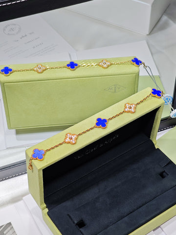 Van Cleef & Arpels Vintage Alhambra 5-Motif Lapis Lazuli & Diamond Bracelet in 18K Yellow Gold