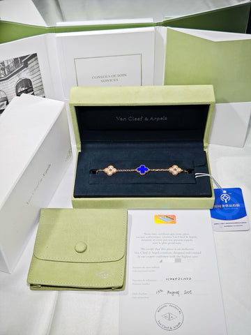 Van Cleef & Arpels Vintage Alhambra 5-Motif Lapis Lazuli & Diamond Bracelet in 18K Yellow Gold