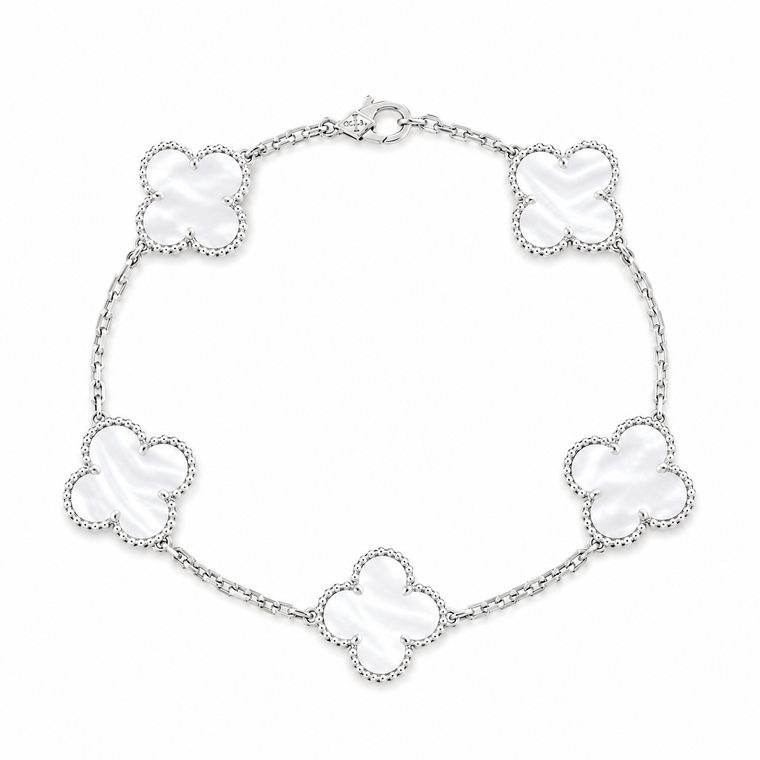 Van Cleef & Arpels Vintage Alhambra 5-Motif White Mother-of-Pearl Bracelet in 18K White Gold