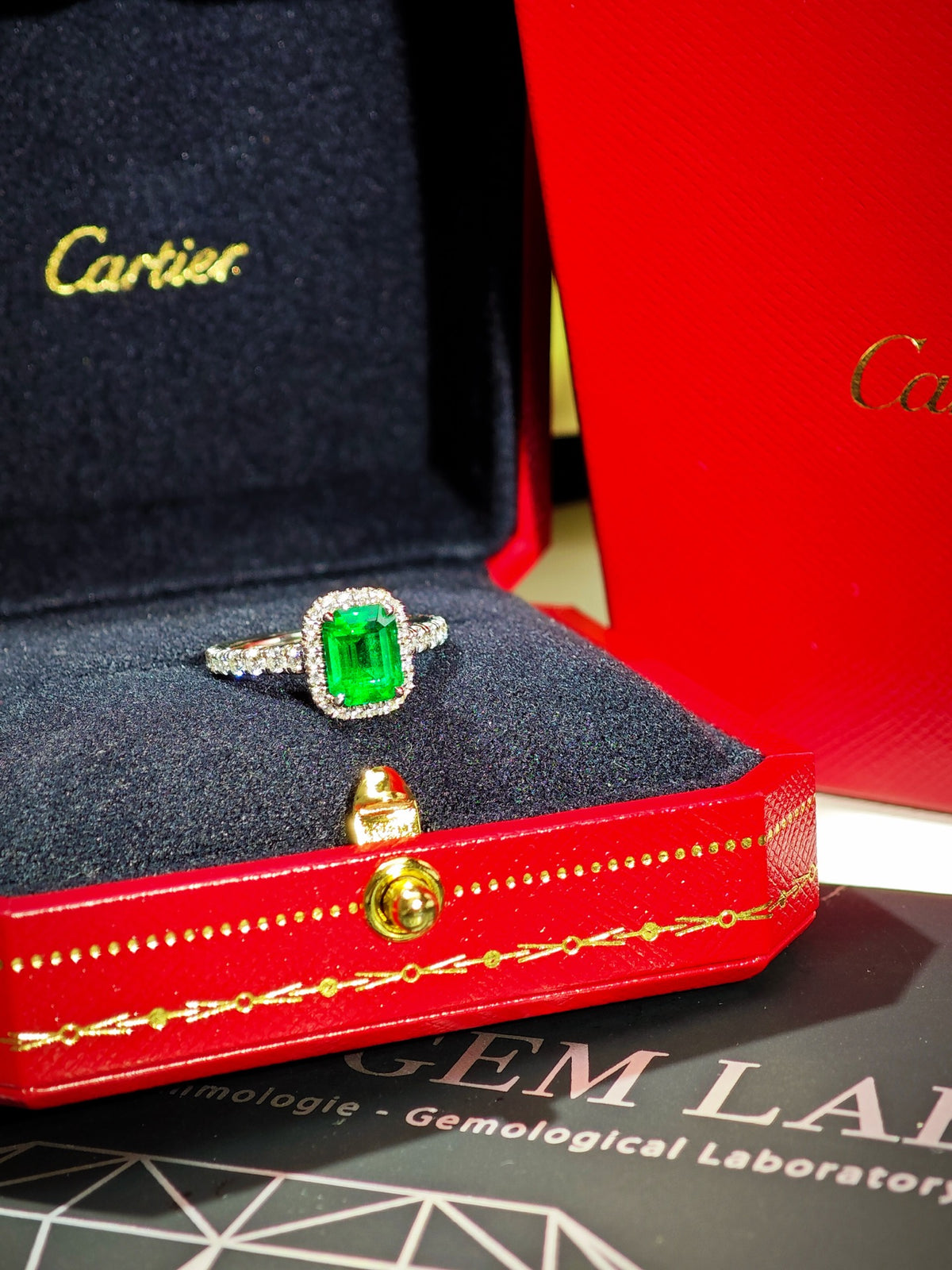 Cartier Destinée 1.46 ct emerald diamond halo ring