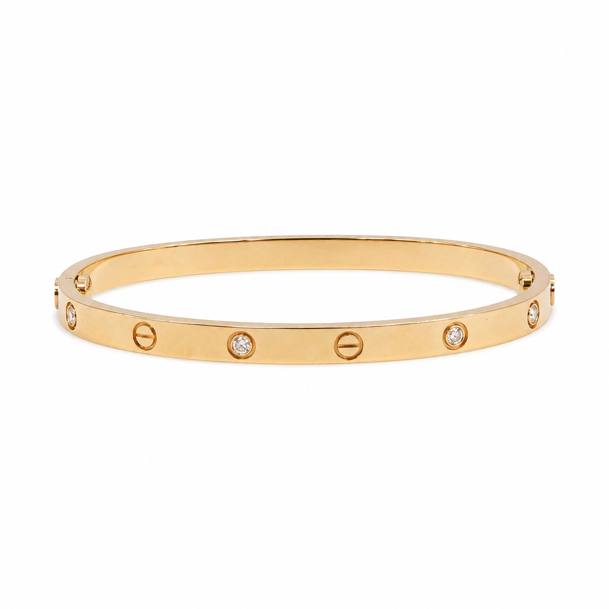Cartier LOVE bracelet, small model, six diamonds, in 18K rose gold on a white background