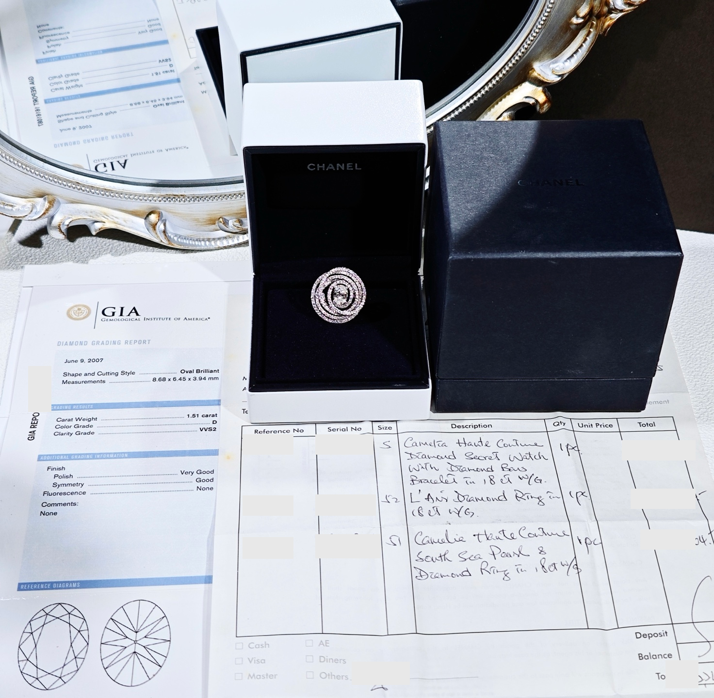 CHANEL ring with GIA Diamond Grading Report and sales invoice; sensitive details redacted
