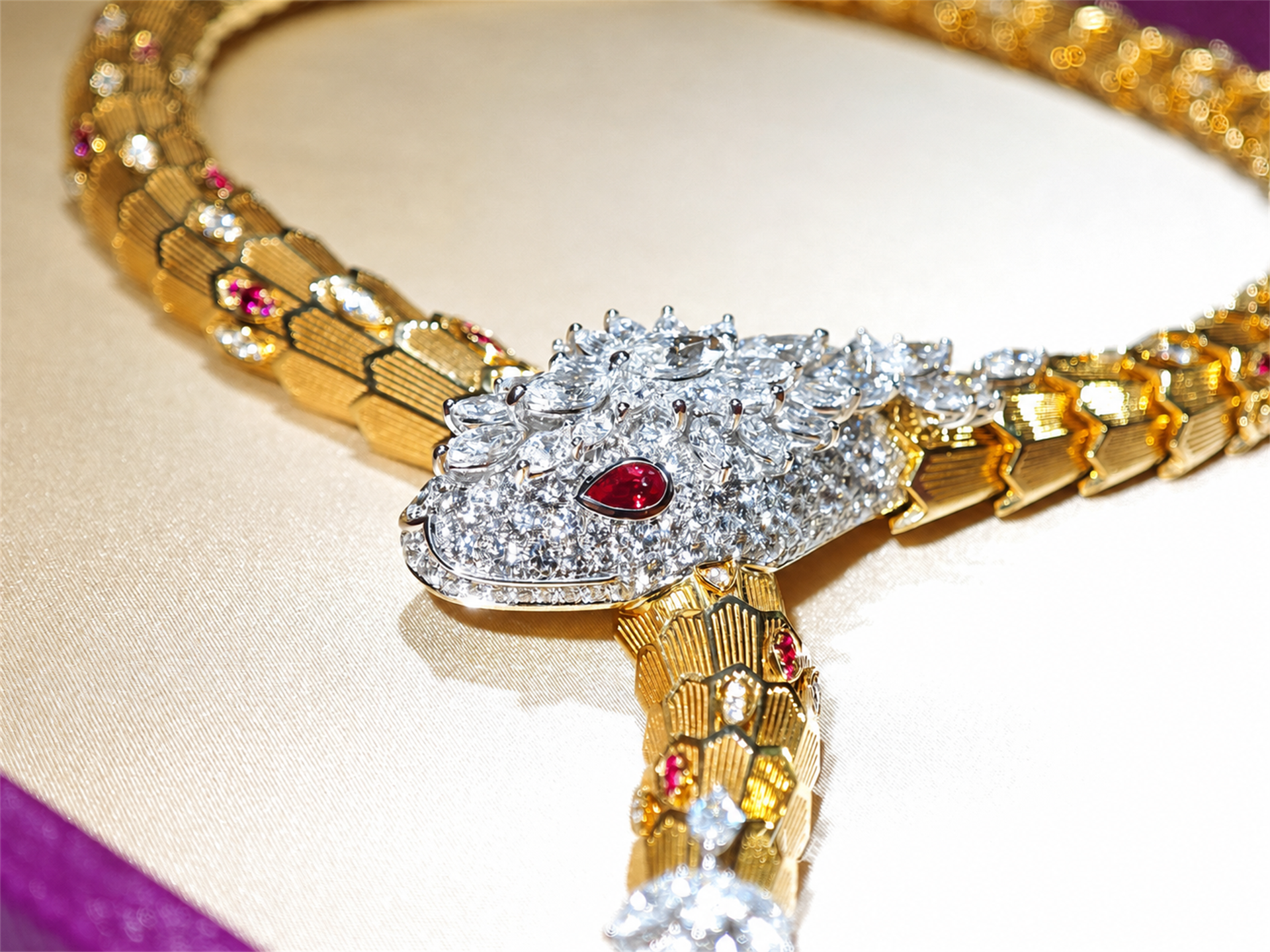 BVLGARI Serpenti high jewelry ruby and diamond lariat necklace, serpent head detail