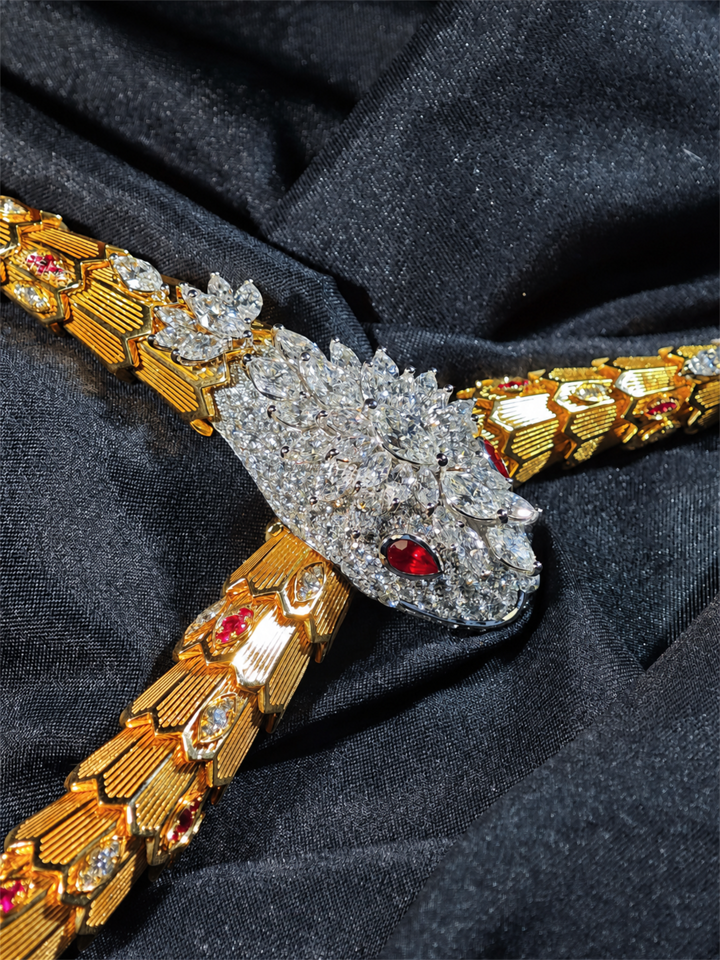 BVLGARI Serpenti high jewelry ruby and diamond lariat necklace, serpent head on BVLGARI presentation case