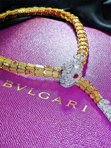 BVLGARI Serpenti high jewelry ruby and diamond lariat necklace, serpent head and scale detail