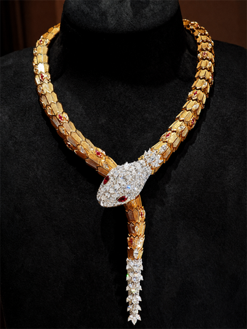 BVLGARI Serpenti high jewelry ruby and diamond lariat necklace, full display view