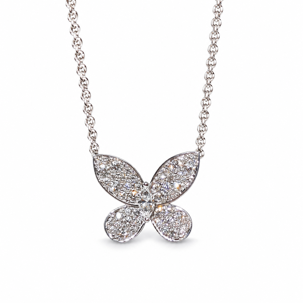 Graff Butterfly Silhouette diamond pendant in 18K white gold on a white background