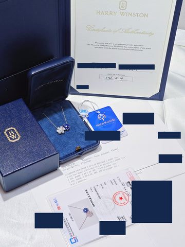 Harry Winston Forget-Me-Not necklace documentation and authentication materials with sensitive details redacted