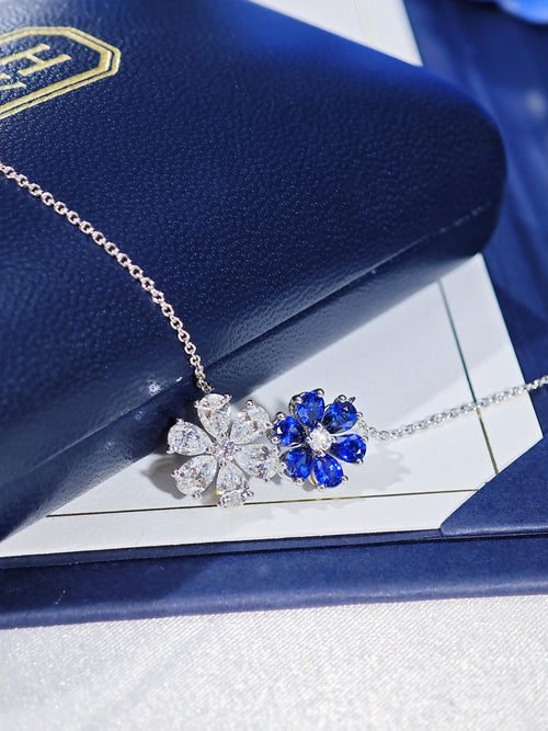 Harry Winston Forget-Me-Not sapphire and diamond twin pendant necklace detail