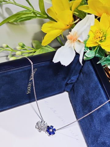 Harry Winston Forget-Me-Not sapphire and diamond twin pendant necklace full chain view