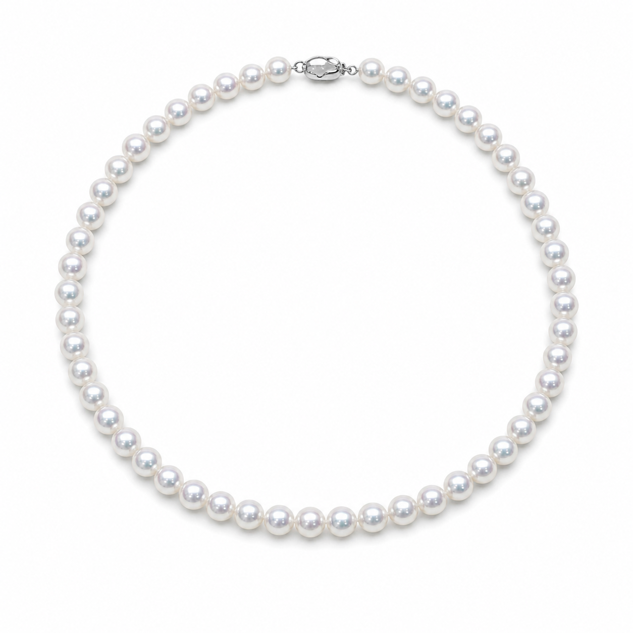 Akoya Hanadama 8.0–8.5 mm pearl necklace on white background