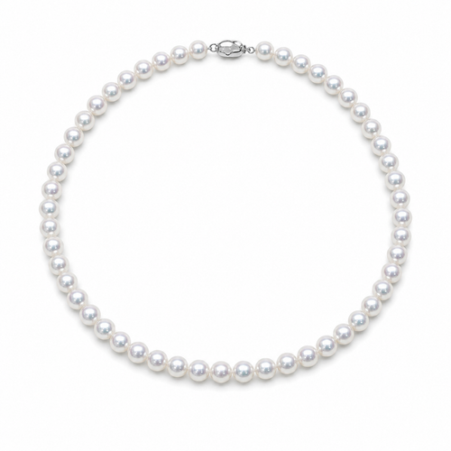 Akoya Hanadama 8.0–8.5 mm pearl necklace on white background