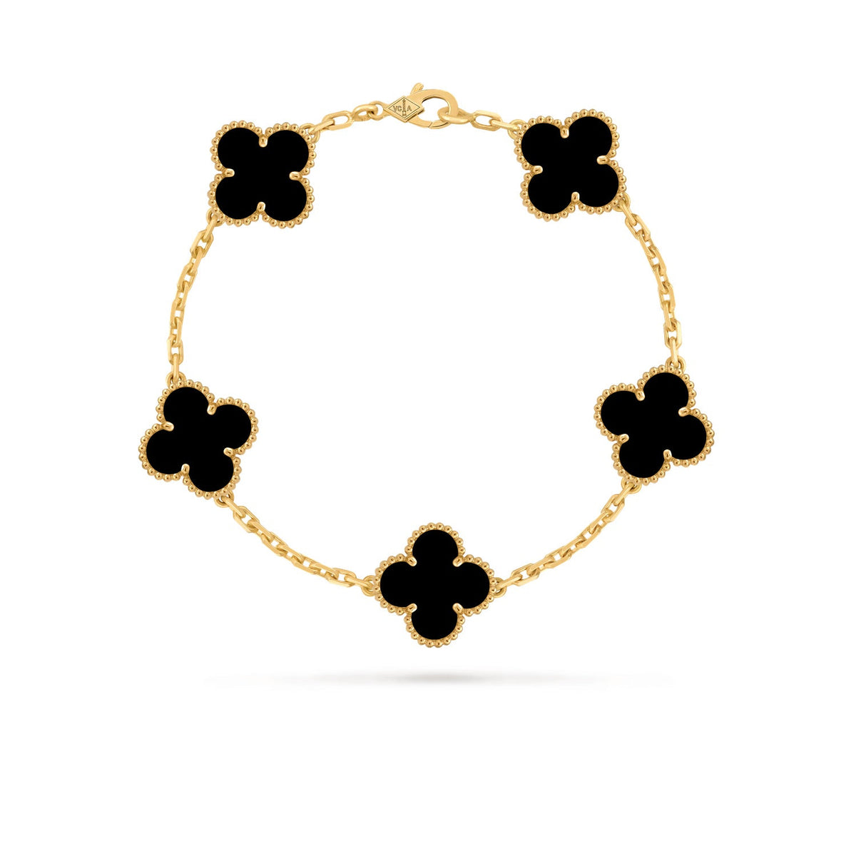 Van Cleef & Arpels Vintage Alhambra five-motif onyx bracelet on a balanced white product-card background
