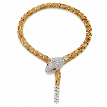BVLGARI Serpenti high jewelry ruby and diamond lariat necklace, approved white-background full view