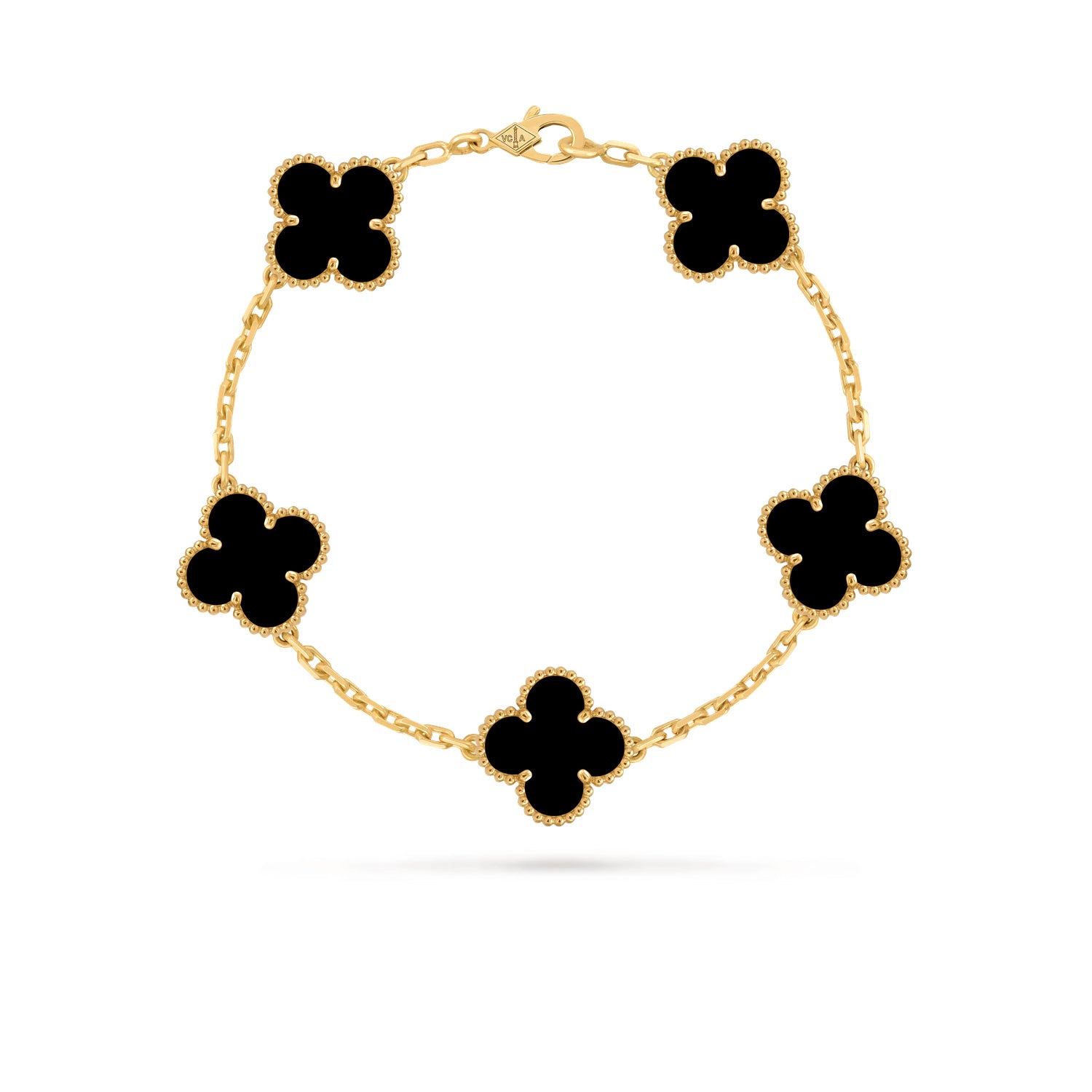 Van Cleef & Arpels Vintage Alhambra five-motif onyx bracelet on a balanced white product-card background
