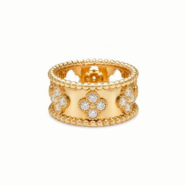 Van Cleef & Arpels Perlée Clovers Diamond Ring, Medium Model in 18K yellow gold on a white background