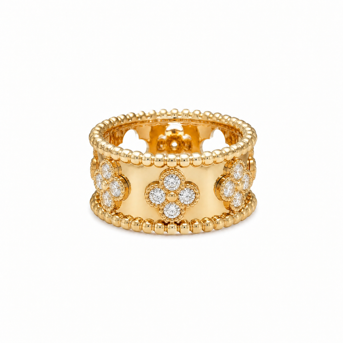 Van Cleef & Arpels Perlée Clovers Diamond Ring, Medium Model in 18K yellow gold on a white background