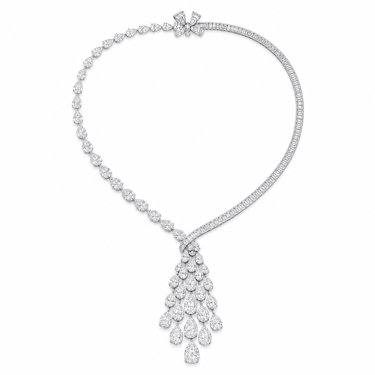 Graff asymmetric pear-shape and baguette diamond necklace on white background
