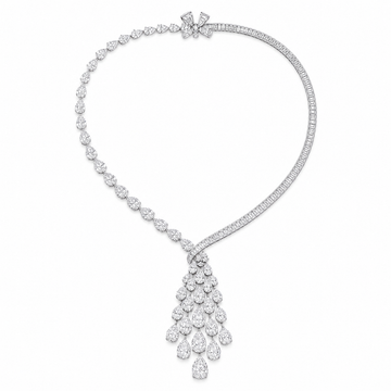 Graff asymmetric pear-shape and baguette diamond necklace on white background