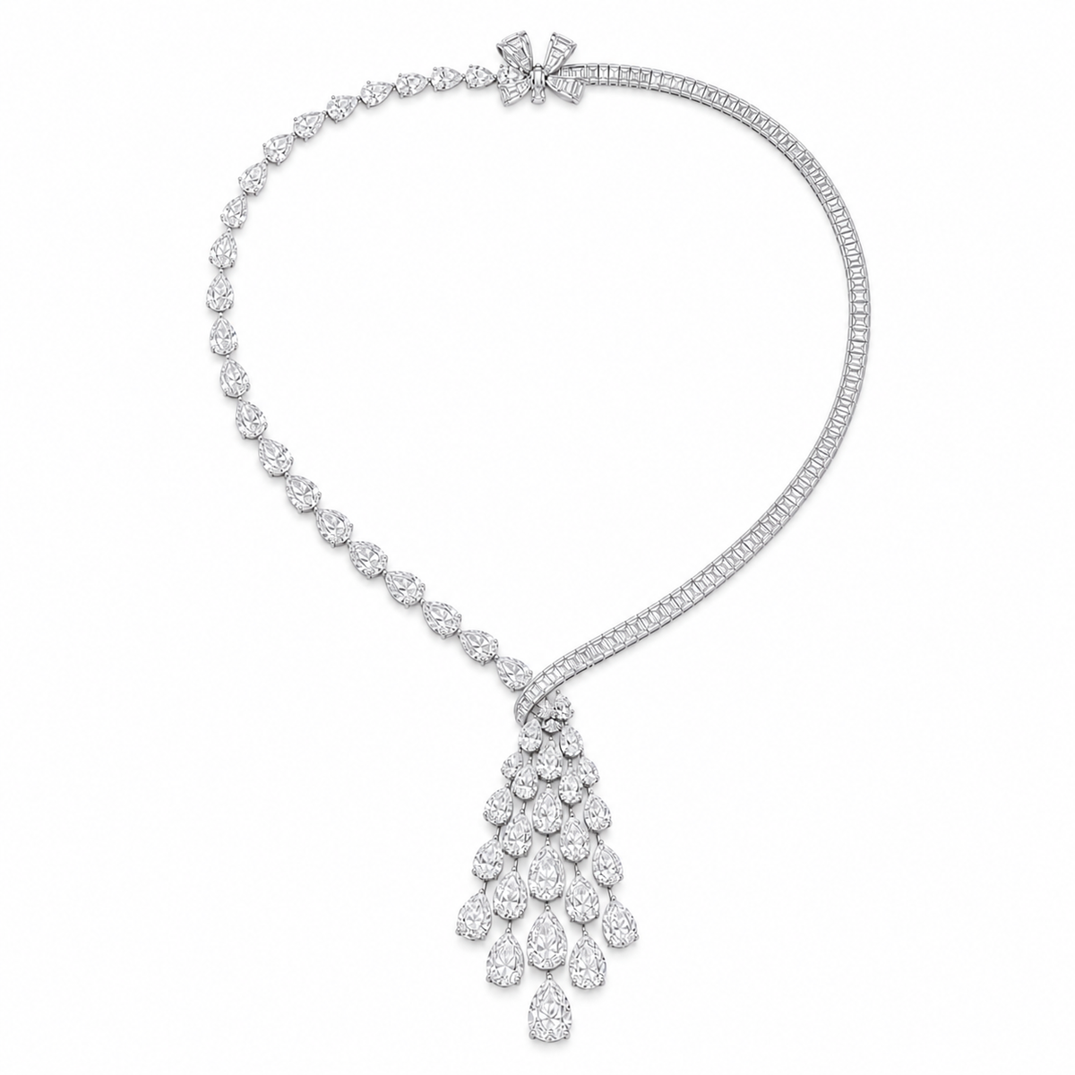 Graff asymmetric pear-shape and baguette diamond necklace on white background