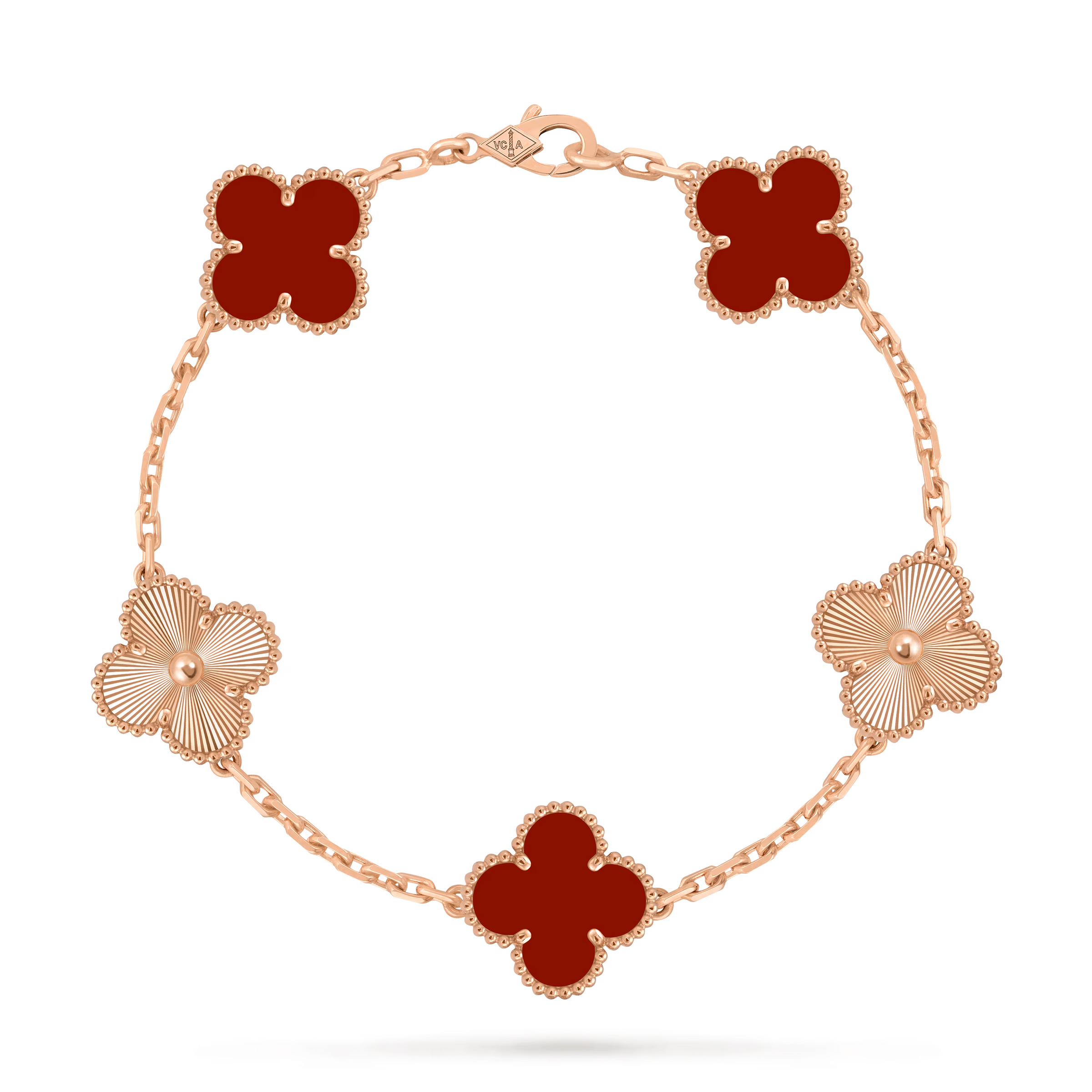 Van Cleef & Arpels Vintage Alhambra 5-Motif Carnelian & Guilloché Bracelet in 18K Rose Gold