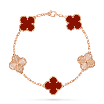 Van Cleef & Arpels Vintage Alhambra 5-Motif Carnelian & Guilloché Bracelet in 18K Rose Gold