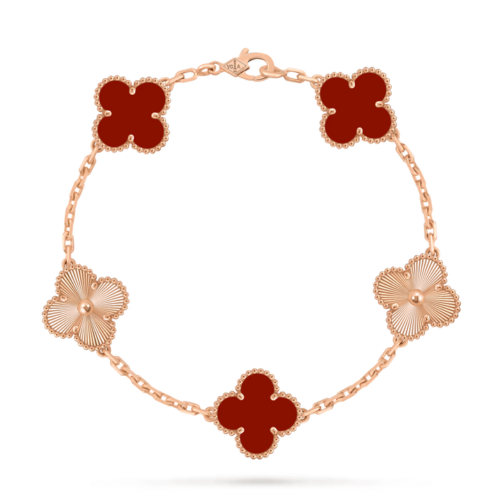 Van Cleef & Arpels Vintage Alhambra 5-Motif Carnelian & Guilloché Bracelet in 18K Rose Gold