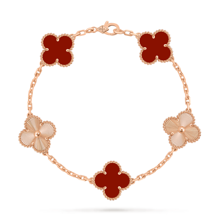 Van Cleef & Arpels Vintage Alhambra 5-Motif Carnelian & Guilloché Bracelet in 18K Rose Gold