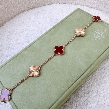 Van Cleef & Arpels Vintage Alhambra 5-Motif Carnelian & Guilloché Bracelet in 18K Rose Gold