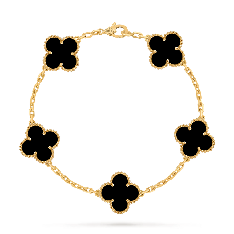 Van Cleef & Arpels Vintage Alhambra 5-Motif Onyx Bracelet in 18K Yellow Gold