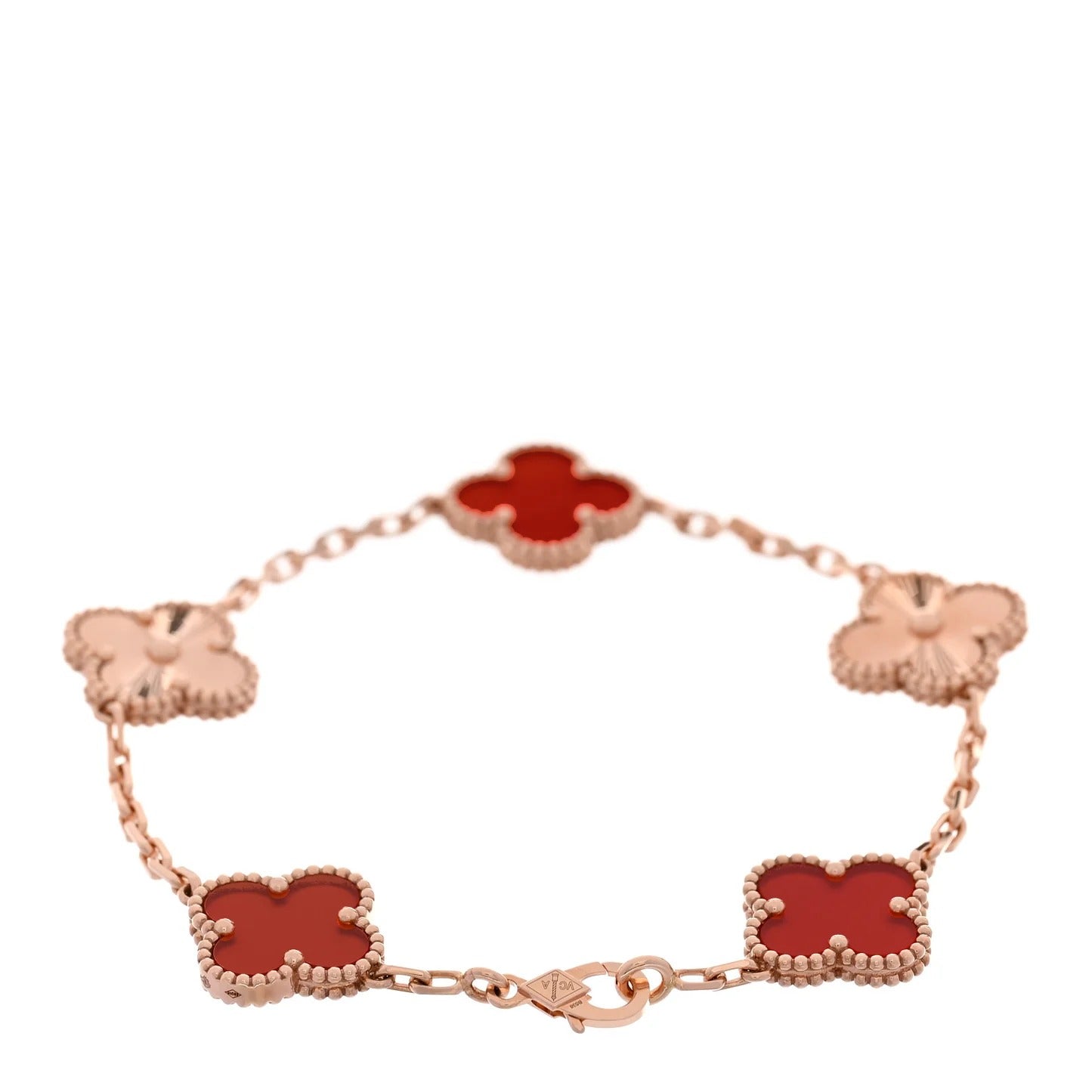 Van Cleef & Arpels Vintage Alhambra 5-Motif Carnelian & Guilloché Bracelet in 18K Rose Gold