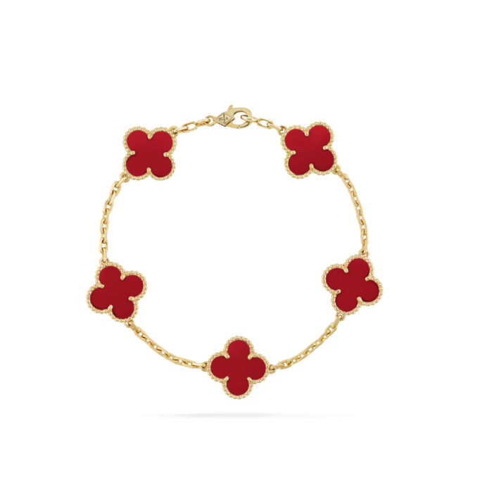 Van Cleef & Arpels Vintage Alhambra 5-Motif Red Clover Bracelet in 18K Yellow Gold