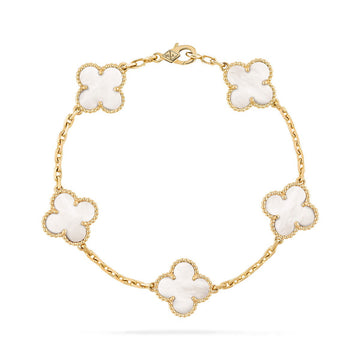 Van Cleef & Arpels Vintage Alhambra 5-Motif White Mother-of-Pearl Bracelet in 18K Yellow Gold