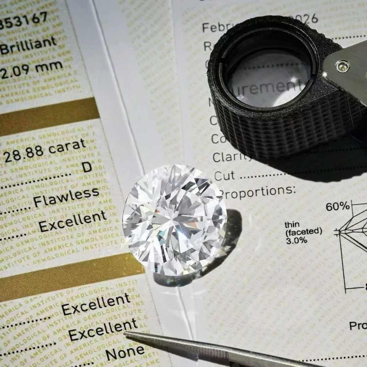 GIA report, diamond, loupe, and tweezers on an authentication desk