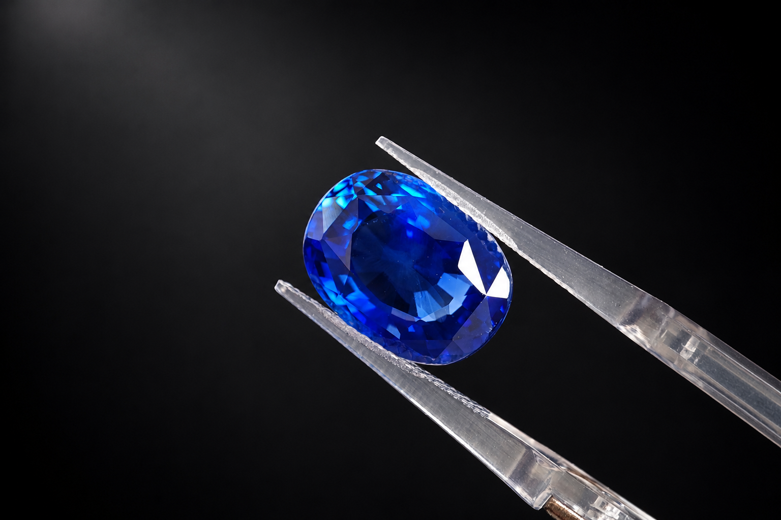 Blue gemstone held by tweezers on a dark authentication background