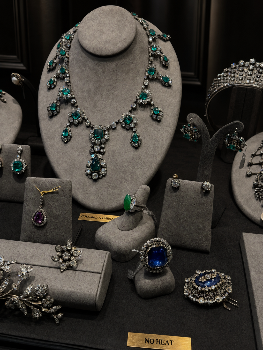 Emerald and gemstone jewelry preserved in a curated display